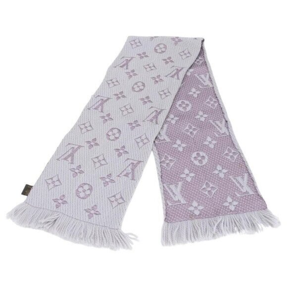 Louis Vuitton Logomania Silk Wool Scarf Monogram Grey Light Purple Pink - Picture 1 of 9